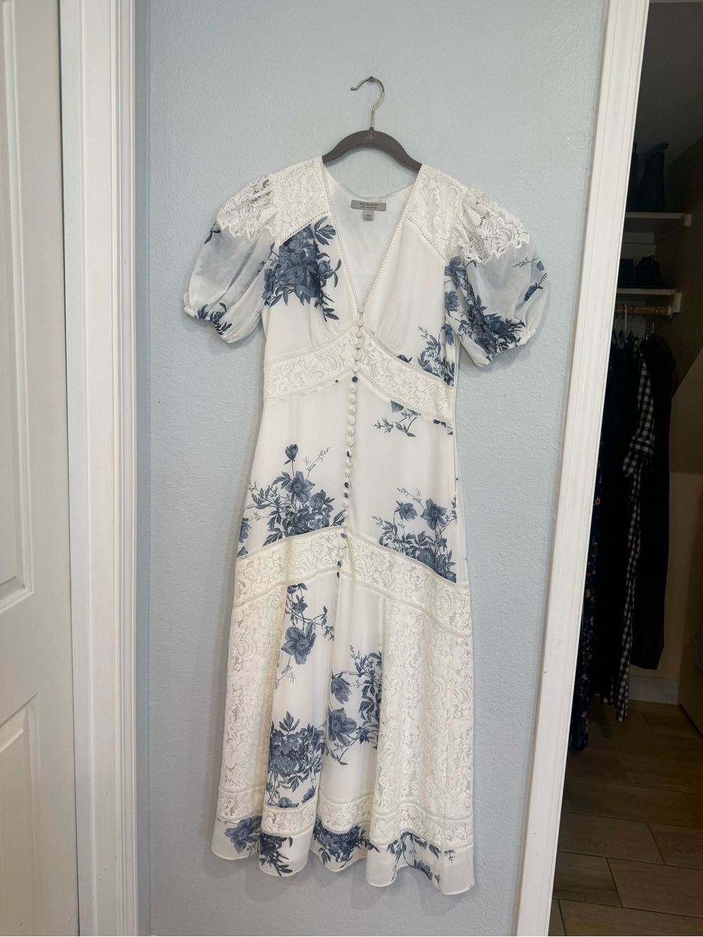 Blue & White AllSaints Dinah Dekorah Floral Maxi Dress Lace and Button Front